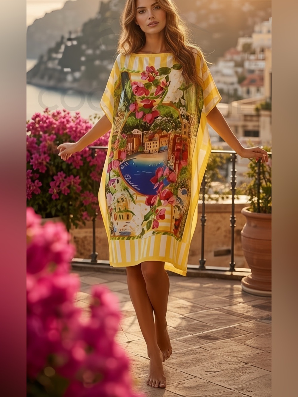 Portofino Riviera Tropical Pattern Oversized Casual Midi Dress - Picture 3 of 17